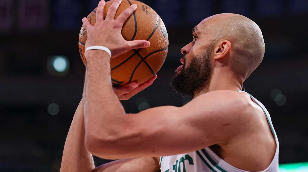 Boston Celtics guard Derrick White (9) shoots the ball in the second half during game four of the second round for the 2025 NBA Playoffs against the New York Knicks at Madison Square Garden.