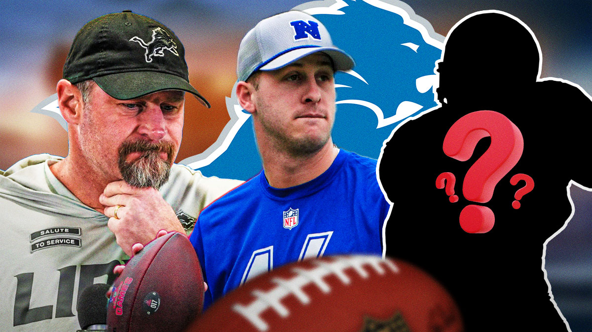 Detroit Lions head coach Dan Campbell next to QB Jared Goff and a silhouette of an American football player with a big question mark emoji inside. There is also a logo for the Detroit Lions.