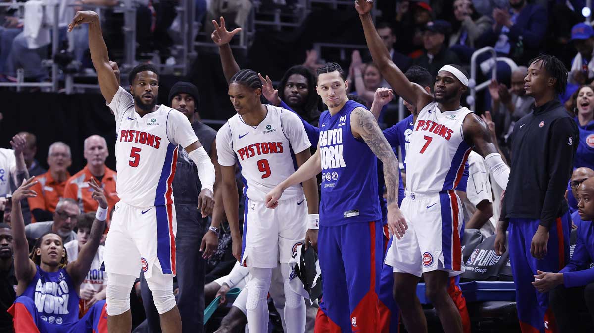Detroit Pistons guard Malik Beasley (5) celebrates a three point basket in the first half against the New York Knicks during game six of first round for the 2024 NBA Playoffs at Little Caesars Arena.