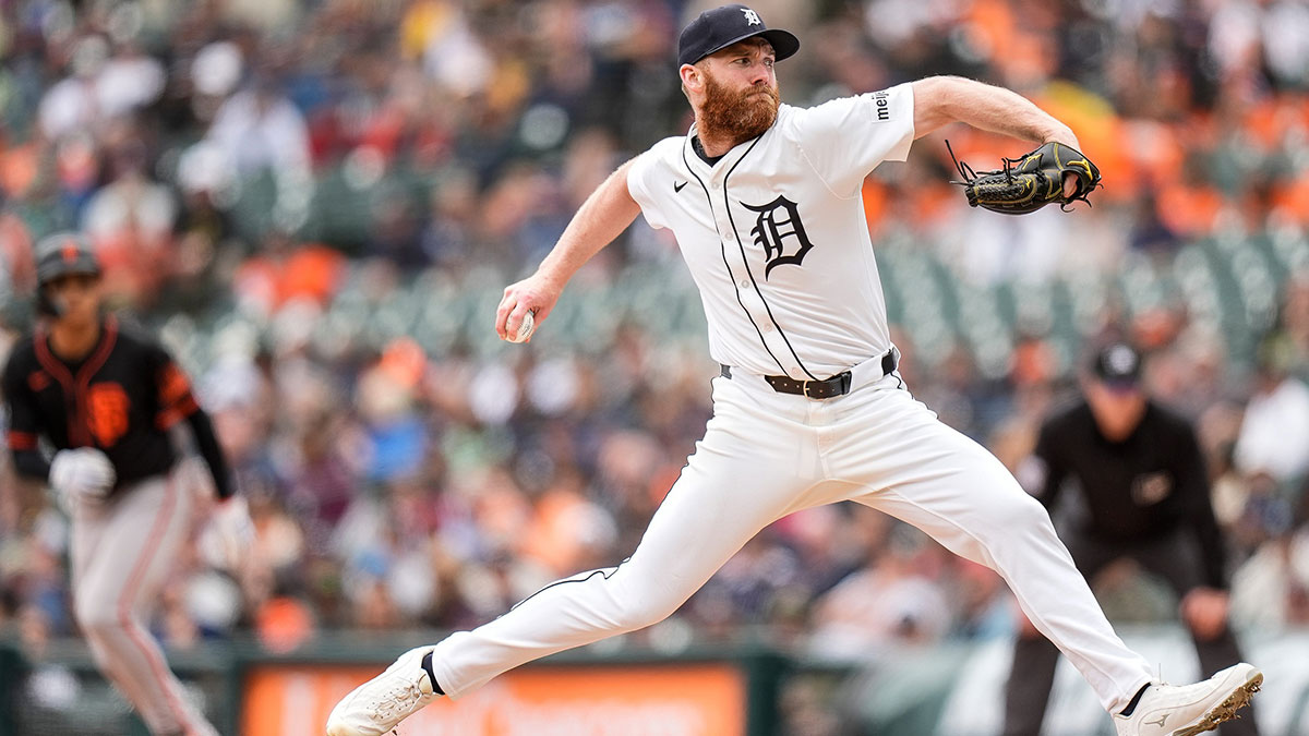Detroit Tigers pitcher John Brebbia (49) throws against San Francisco Giants during the seventh inning at Comerica Park in Detroit on Wednesday, May 28, 2025.