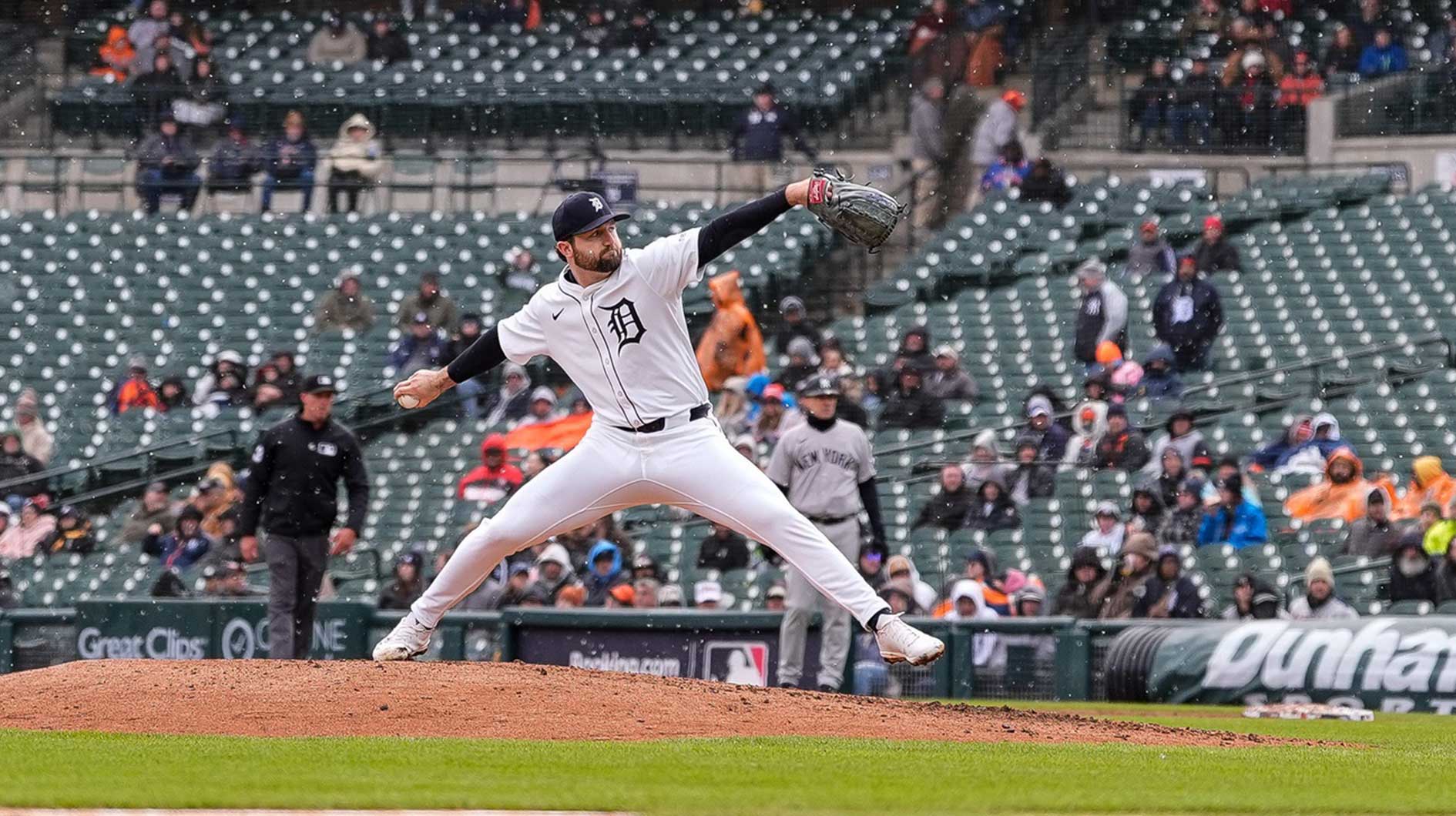 Detroit Tigers pitcher Casey Mize throws against the New York Yankees during the fifth inning at Comerica Park in Detroit on Monday, April 7, 2025.