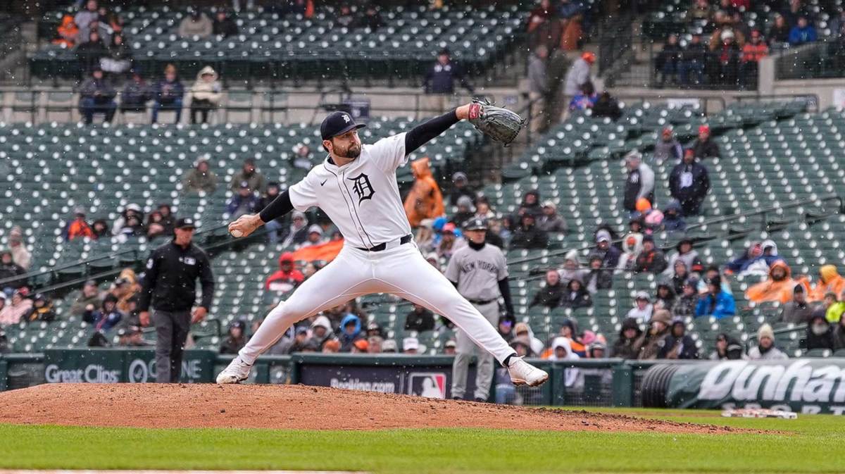 Detroit Tigers pitcher Casey Mize throws against the New York Yankees during the fifth inning at Comerica Park in Detroit on Monday, April 7, 2025.