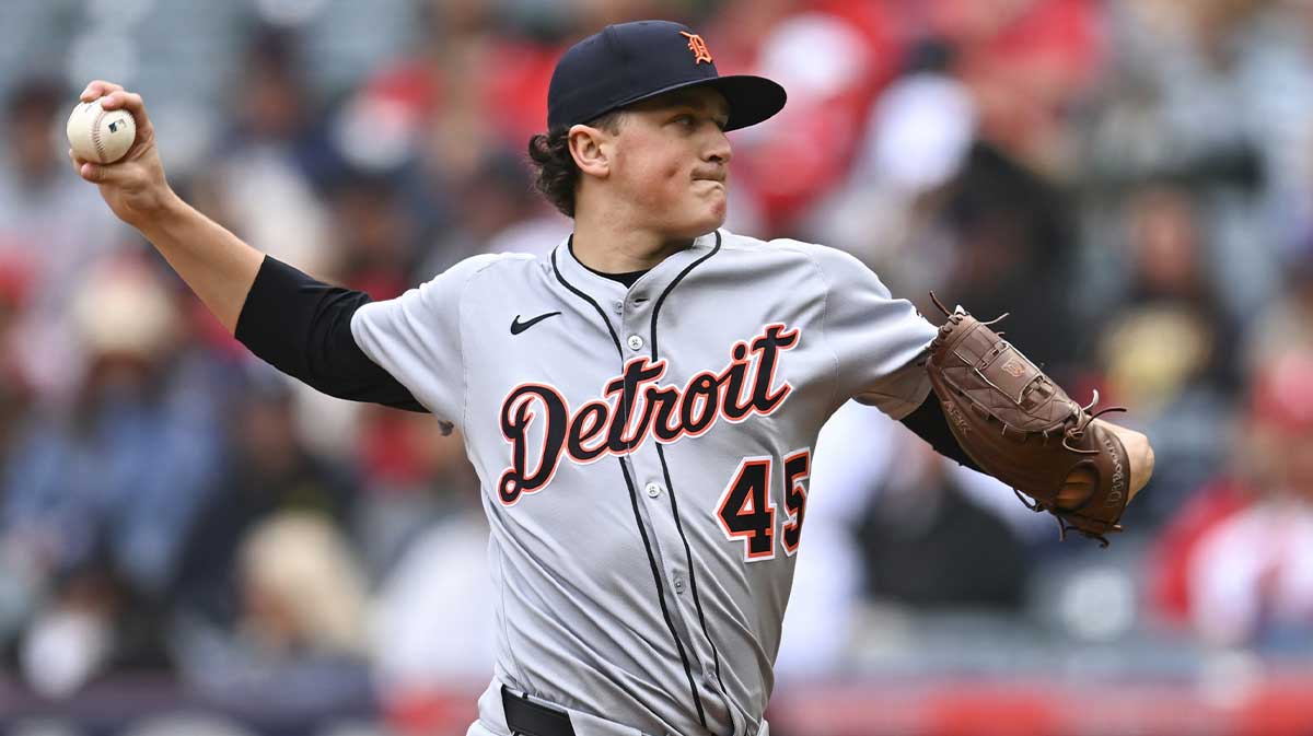 Detroit Tigers starting pitcher Reese Olson (45) throws a pitch against the Los Angeles Angels during the first inning at Angel Stadium.
