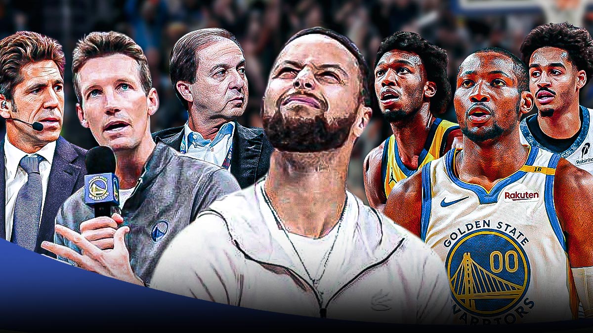 Warriors' Stephen Curry with Bob Myers, Mike Dunleavy Jr., Joe Lacob, James Wiseman, Jonathan Kuminga and Jordan Poole