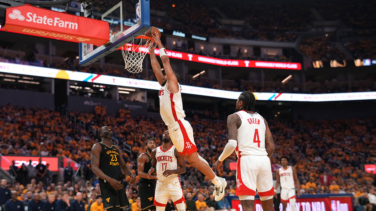 Houston Rockets guard Dillon Brooks (9) dunks the ball against the Golden State Warriors in the second quarter of game six of the first round for the 2025 NBA Playoffs at Chase Center.