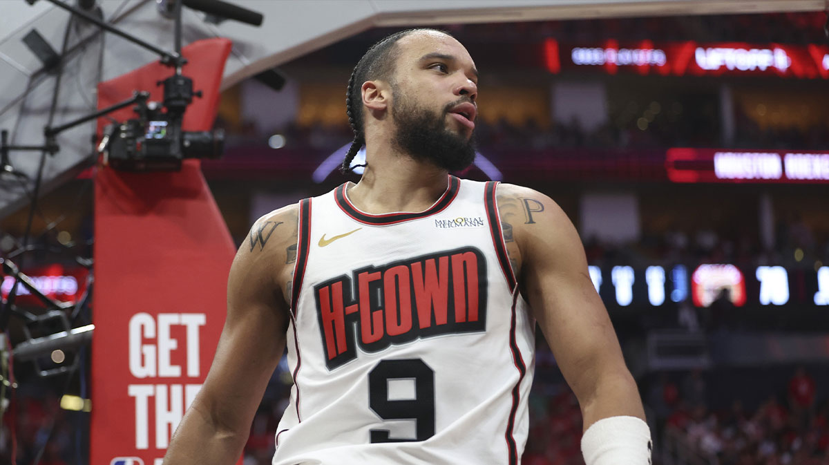 Houston Rockets forward Dillon Brooks (9) reacts after a play during the fourth quarter of game seven of the first round for the 2025 NBA Playoffs against the Golden State Warriors at Toyota Center.