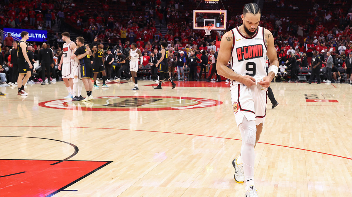 Houston Rockets forward Dillon Brooks (9) walks off the court after game seven of the first round for the 2025 NBA Playoffs against the Golden State Warriors at Toyota Center.