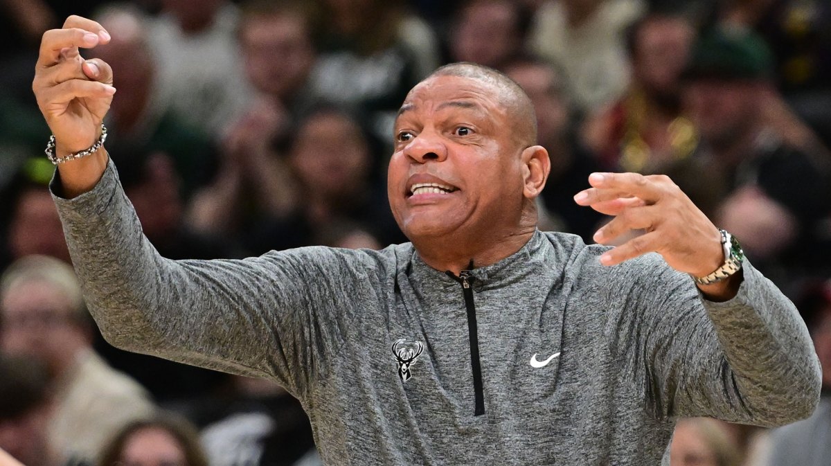 Milwaukee Bucks head coach Doc Rivers reacts in the third quarter against the Indiana Pacers during game four of first round for the 2024 NBA Playoffs at Fiserv Forum.