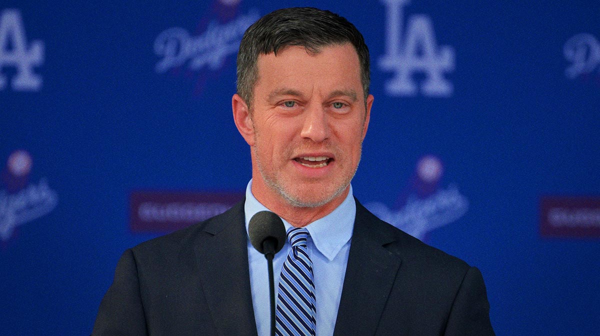 Andrew Friedman, President of baseball operations speaks during an introductory press conference for Los Angeles Dodgers pitcher Roki Sasaki (11) at Dodger Stadium.