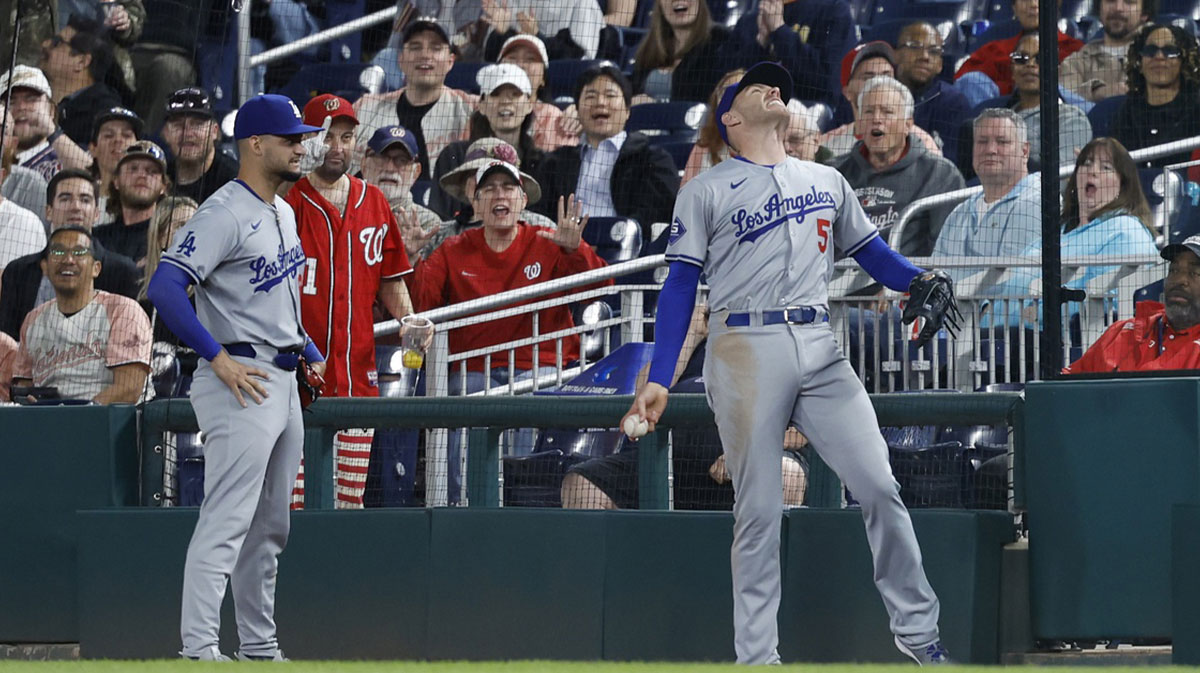 Los Angeles Dodgers first baseman Freddie Freeman (5) throws the ball over the net in frustration after attempting to catch a foul ball by Washington Nationals second baseman Ildemaro Vargas (not pictured) during the eighth inning.