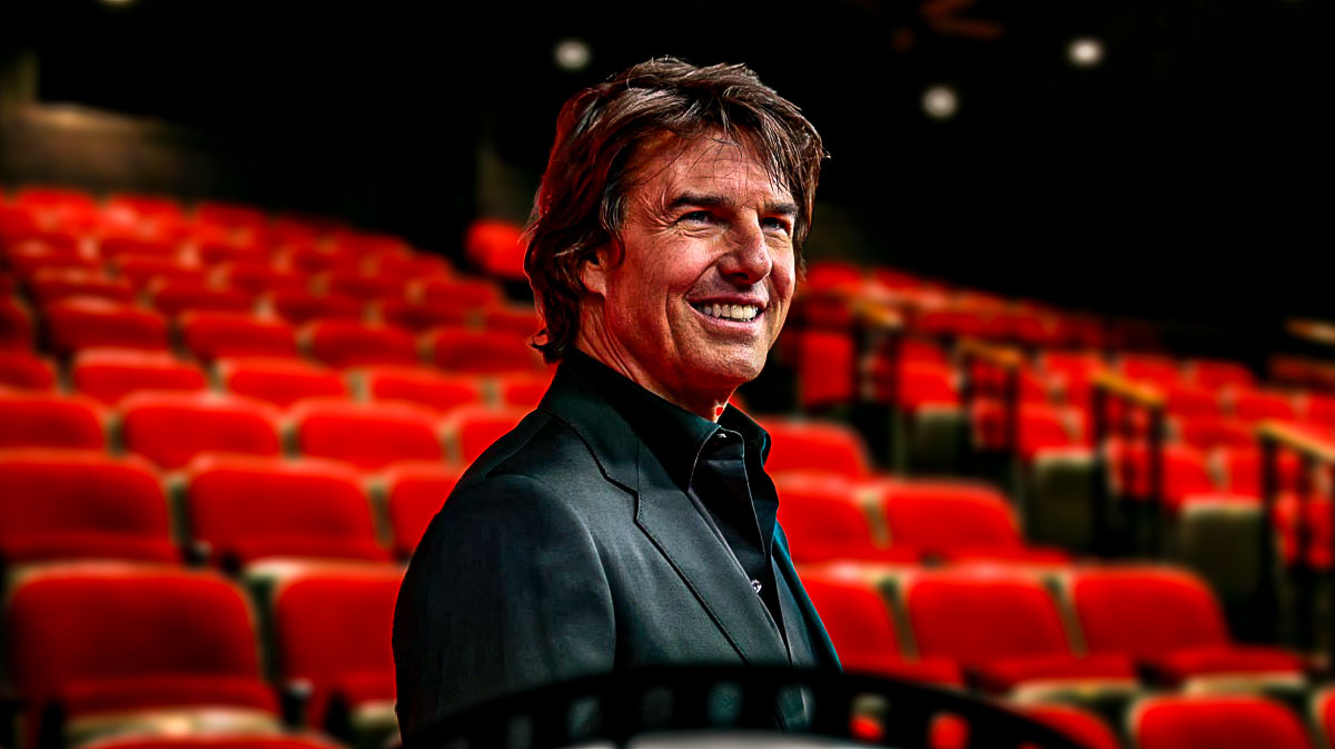 Tom Cruise, star of Mission: Impossible — The Final Reckoning, which does not have a post-credits scene, with movie theater background.