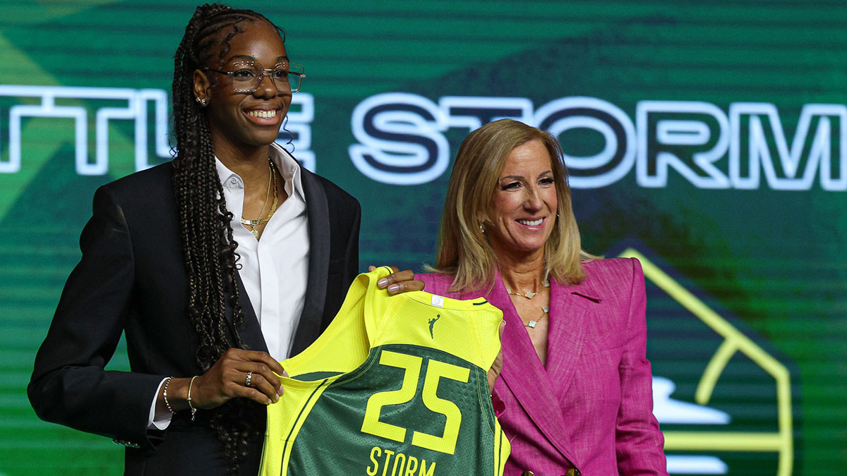 Dominique Malonga poses with WNBA commissioner Cathy Engelbert after being selected with the number two overall pick to the Seattle Storm in the 2025 WNBA Draft at The Shed at Hudson Yards.