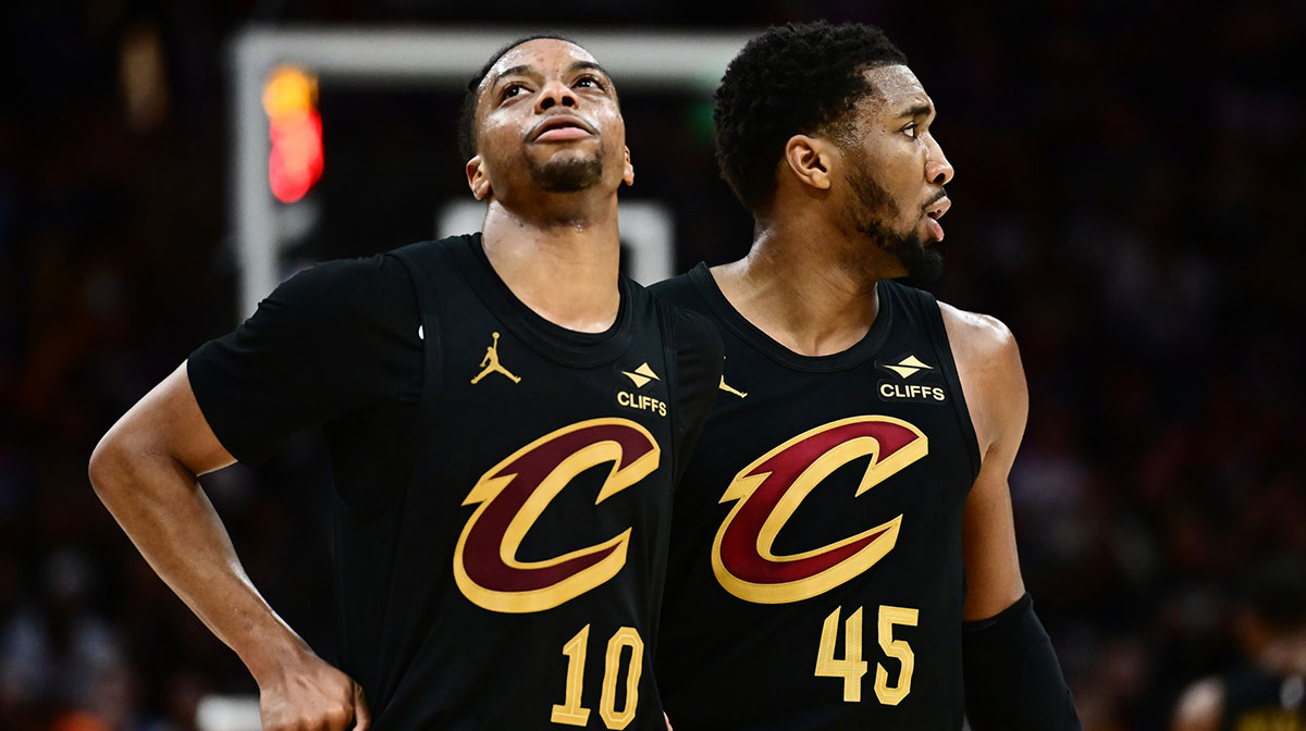 Cleveland Cavaliers guard Darius Garland (10) and guard Donovan Mitchell (45) react during the second half against the Indiana Pacers in game five of the second round for the 2025 NBA Playoffs at Rocket Arena