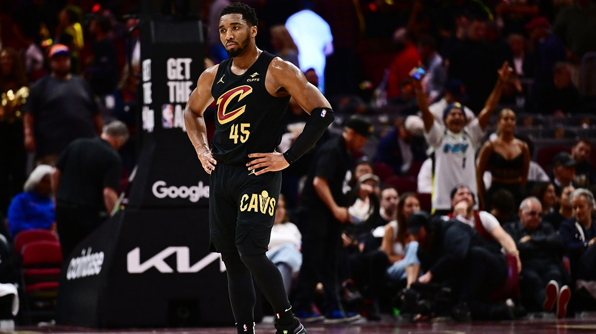 Cleveland Cavaliers guard Donovan Mitchell (45) reacts during the second half of game five against the Indiana Pacers in the second round for the 2025 NBA Playoffs at Rocket Arena.