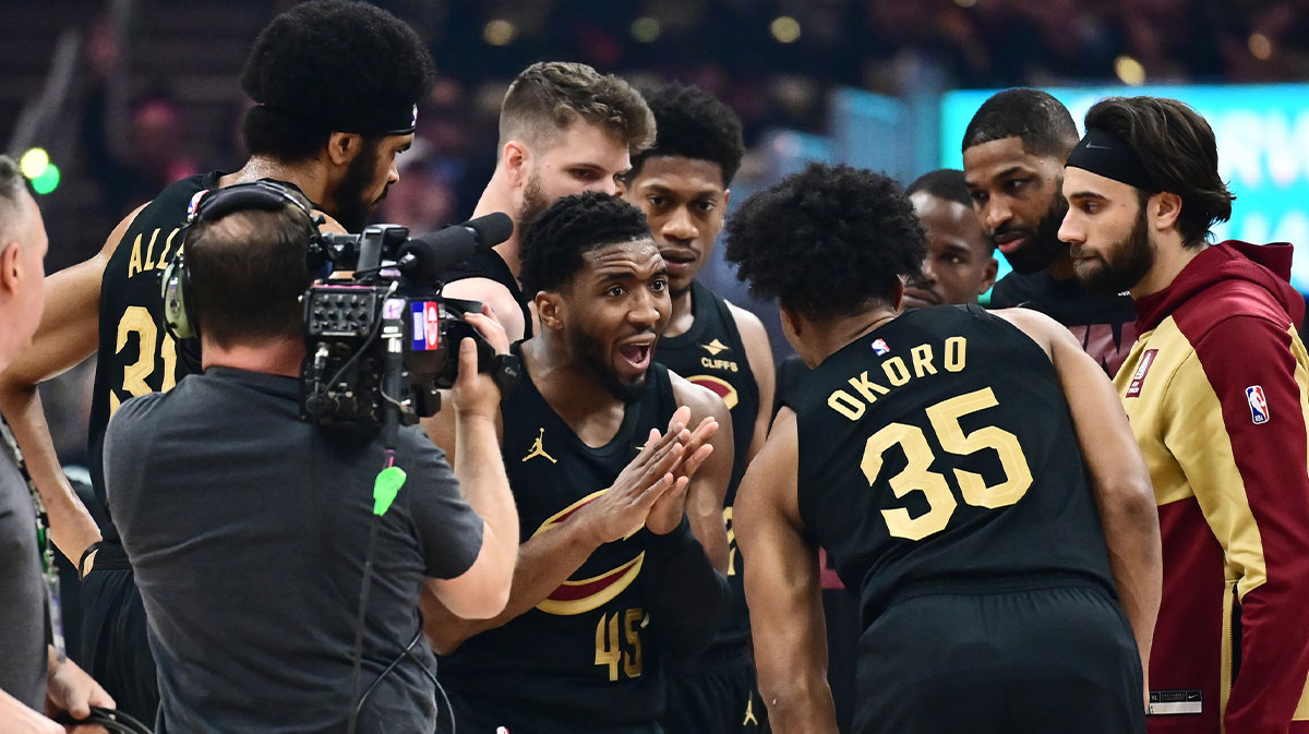 Cleveland Cavaliers guard Donovan Mitchell (45) talks to the during the first half of game five against the Indiana Pacers in the second round for the 2025 NBA Playoffs at Rocket Arena.