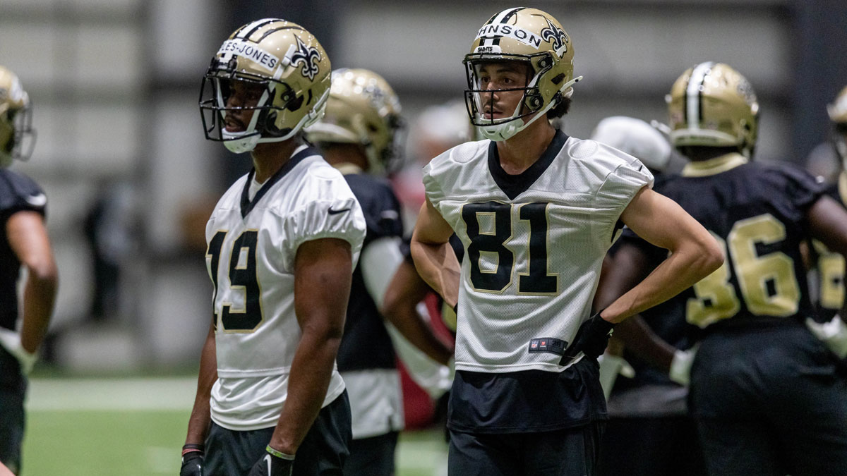 New Orleans Saints wide receiver Leon Johnson III (81) and Donovan People-Jones (19) during rookie minicamp at Ochsner Sports Performance Center.