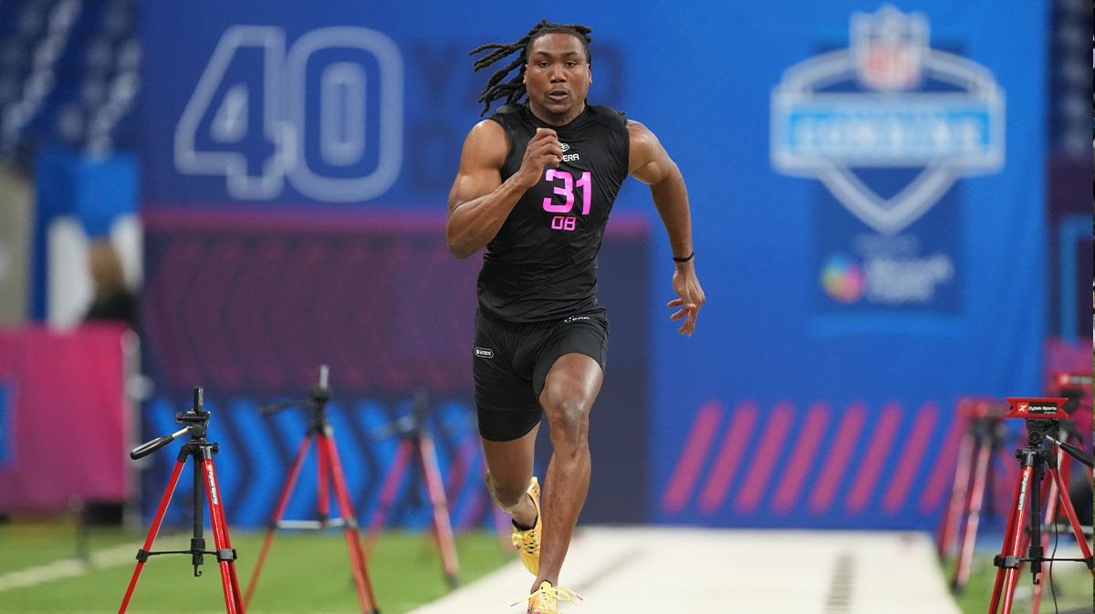 Virginia Tech defensive back Dorian Strong (DB31) runs in the 40 yard dash during the 2025 NFL Combine at Lucas Oil Stadium.