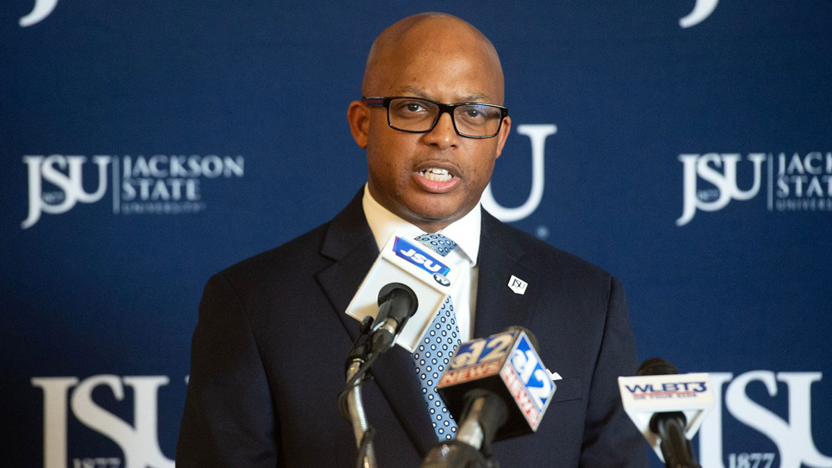 Jackson State University President Marcus L. Thompson addresses media during a news conference