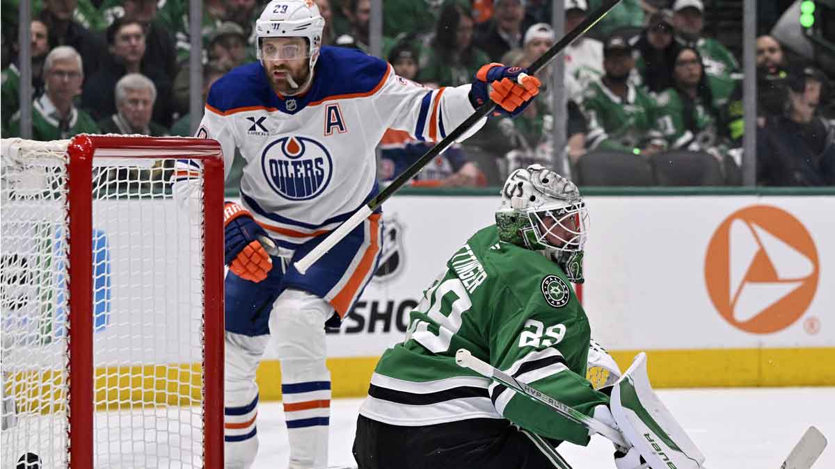 Edmonton Oilers center Leon Draisaitl (29) scores a goal against Dallas Stars goaltender Jake Oettinger (29) in the first period during game one of the Western Conference Final of the 2025 Stanley Cup Playoffs at American Airlines Center.