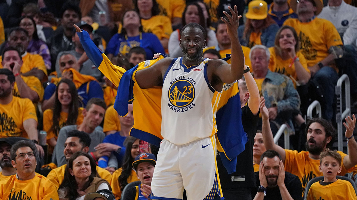 Golden State Warriors forward Draymond Green (23) reacts after his sixth foul against the Minnesota Timberwolves in the fourth quarter during game three in the second round for the 2025 NBA Playoffs at Chase Center.