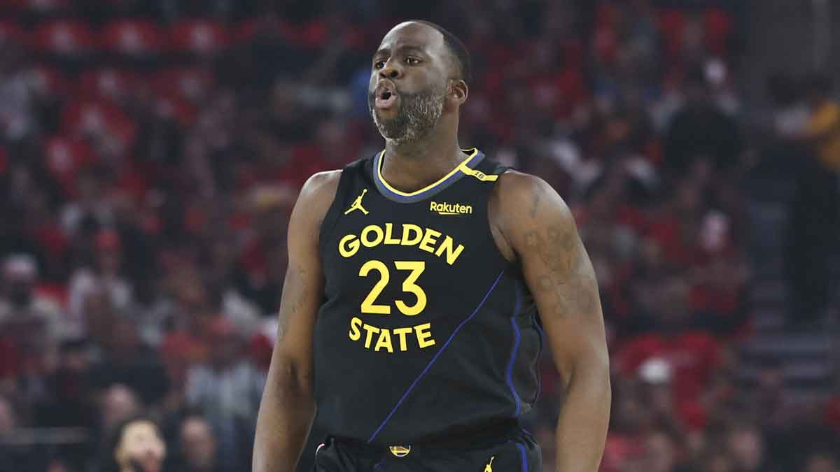 Golden State Warriors forward Draymond Green (23) reacts after a play during game seven of first round for the 2025 NBA Playoffs against the Houston Rockets at Toyota Center.
