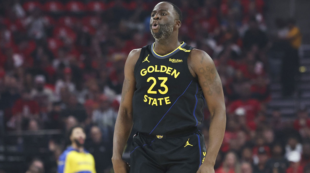 Golden State Warriors forward Draymond Green (23) reacts after a play during game seven of first round for the 2025 NBA Playoffs against the Houston Rockets at Toyota Center.