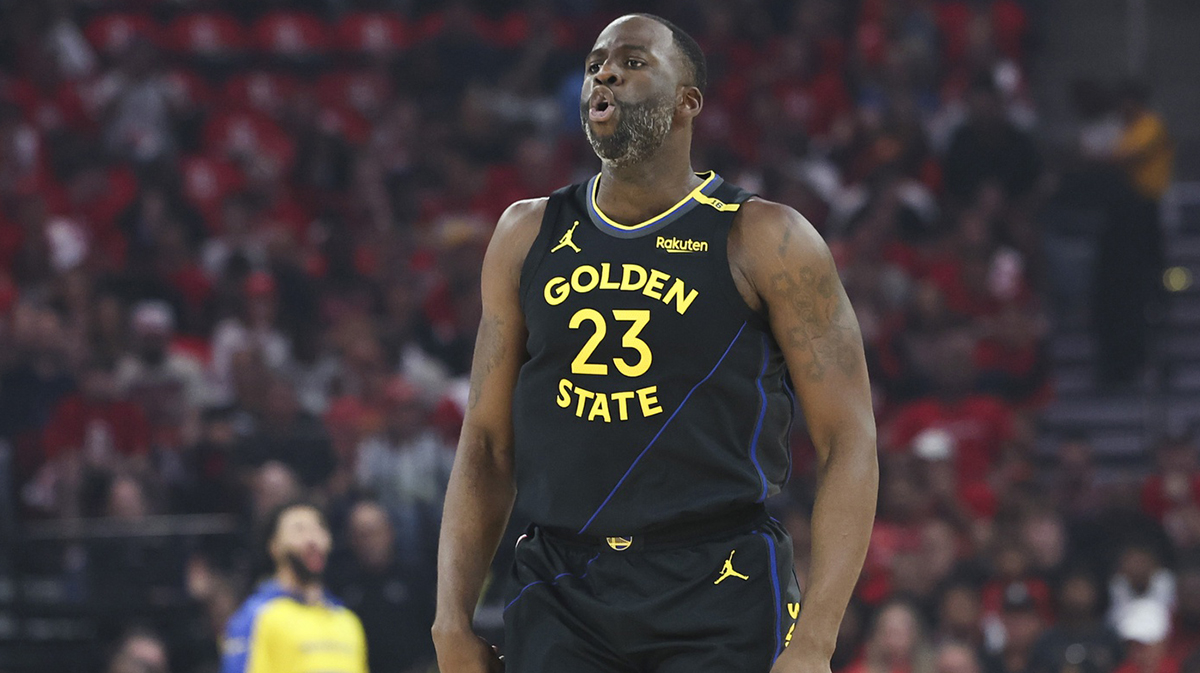 Golden State Warriors forward Draymond Green (23) reacts after a play during game seven of first round for the 2025 NBA Playoffs against the Houston Rockets at Toyota Center.