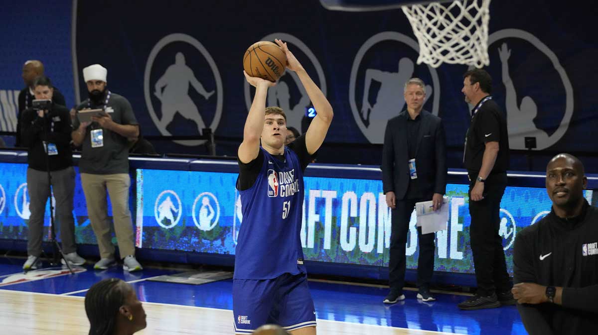 Cooper Flagg (51) participates in the 2025 NBA Draft Combine at Wintrust Arena.