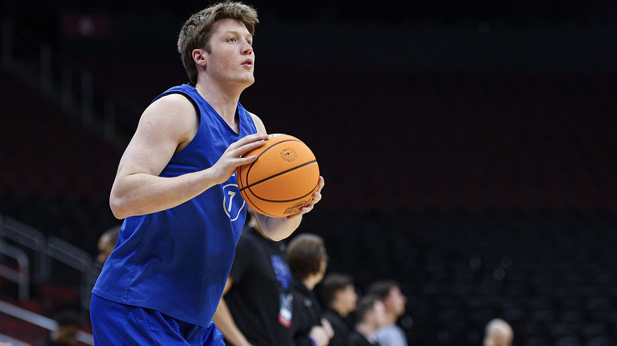 Duke Blue Devils guard Kon Knueppel (7) during a practice session in preparation for an East Regional semifinal game against the Arizona Wildcats at Prudential Center.