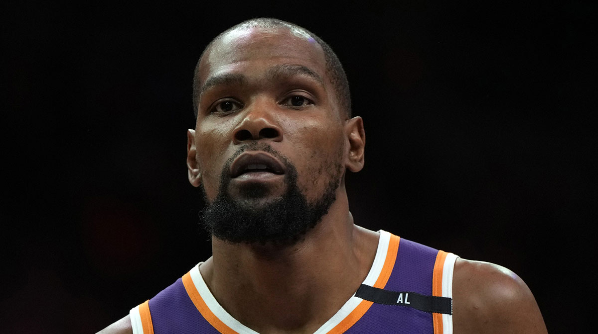 Phoenix Suns forward Kevin Durant (35) looks on against the Boston Celtics during the second half at Footprint Center.