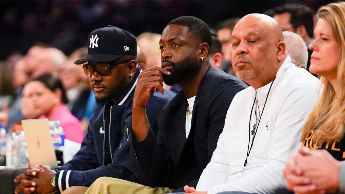 Former NBA player Dwayne Wade watches the NCAA Big East Conference Tournament quarterfinals game between the Xavier Musketeers and Marquette Golden Eagles, Thursday, March 13, 2025, at Madison Square Garden in New York City.