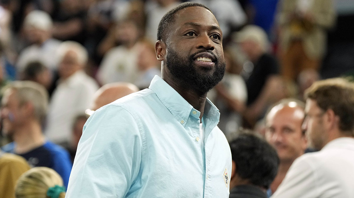 Dwyane Wade looks on at halftime between France and Canada in a men’s basketball quarterfinal game during the Paris 2024 Olympic Summer Games at Accor Arena.