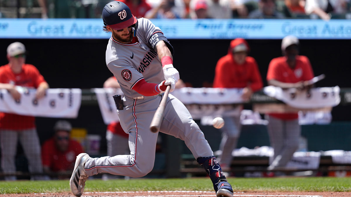 Washington Nationals center fielder Dylan Crews (3) hits an infield single against the Baltimore Orioles during the fourth inning at Oriole Park at Camden Yards