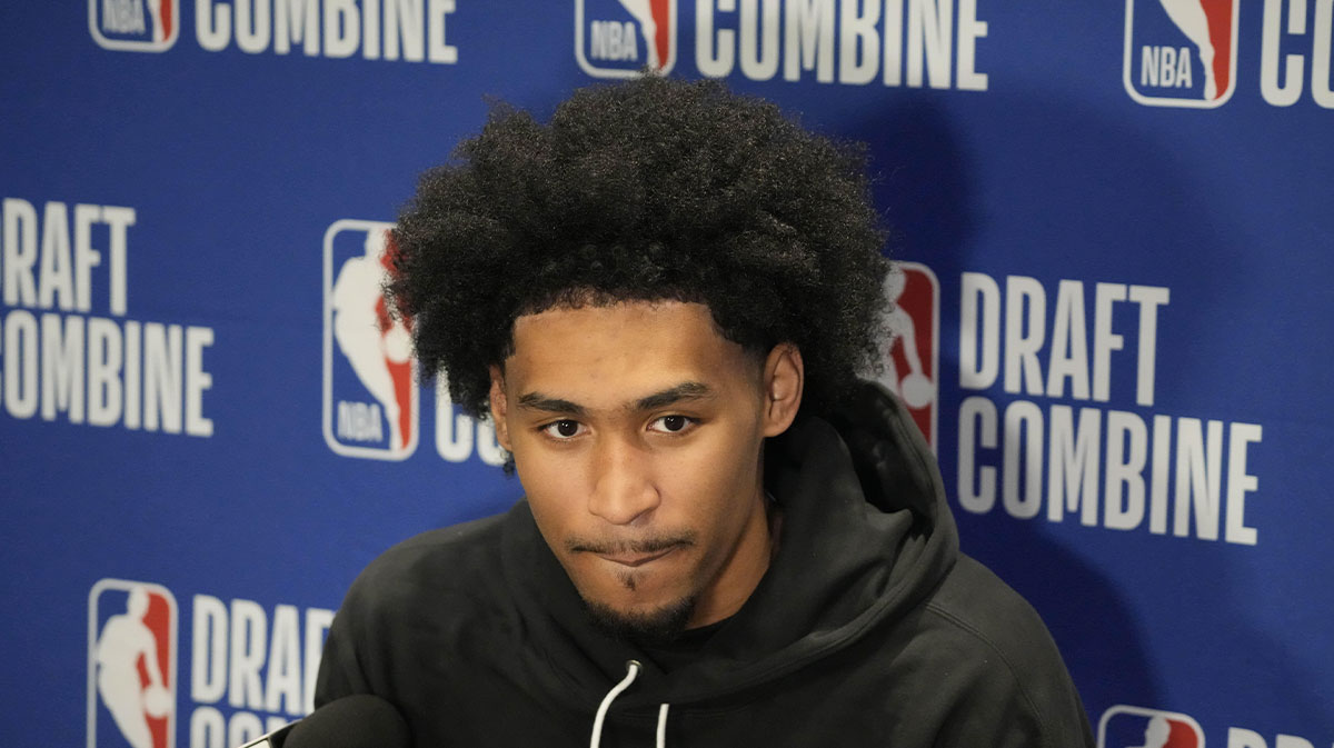 Dylan Harper talks to the media during the 2025 NBA Draft Combine at Marriott Marquis Chicago.