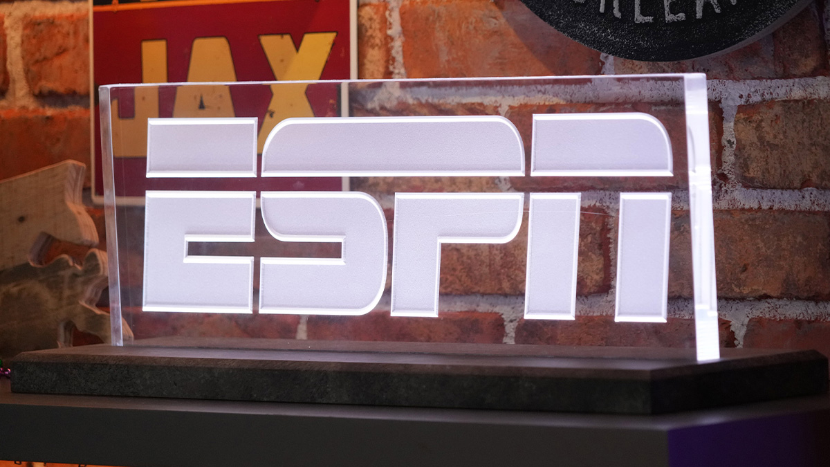 The ESPN logo at the Super Bowl LIX media center at the Ernest N. Morial Convention Center.