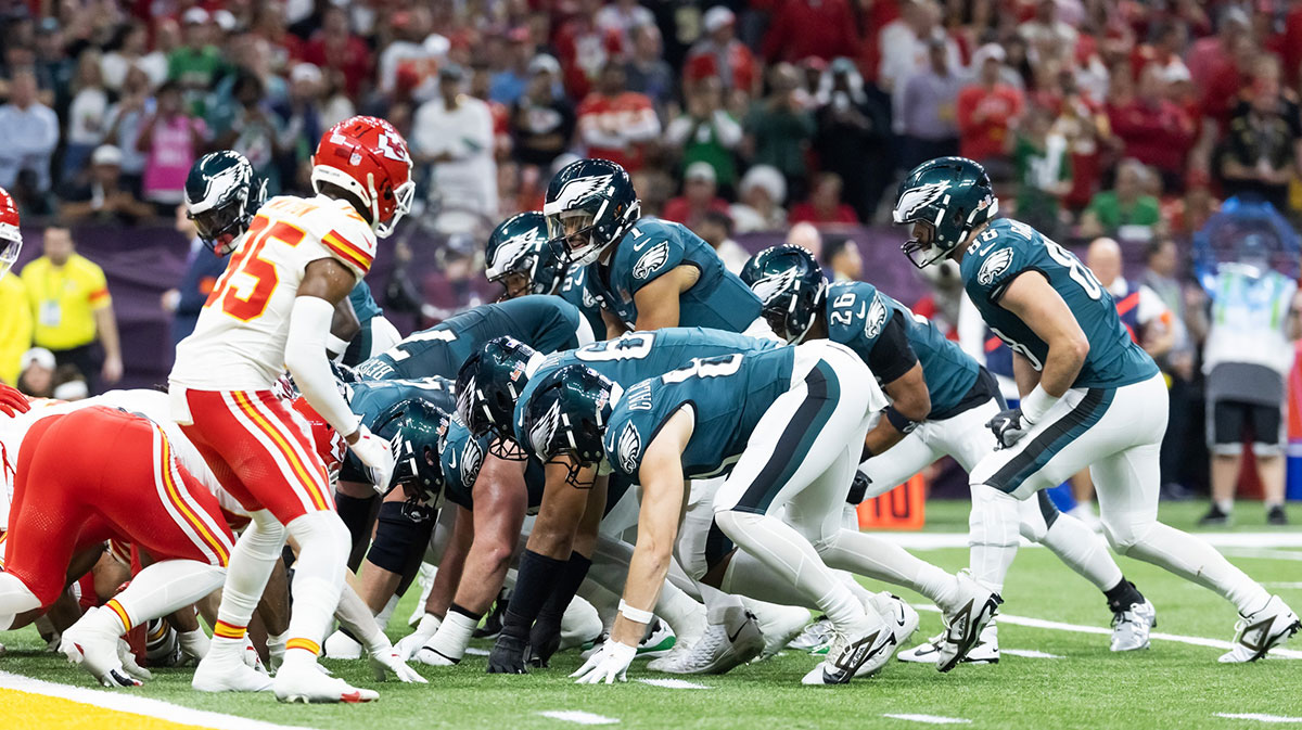 Philadelphia Eagles quarterback Jalen Hurts (1) lines up for the tush push play on the goal line against the Kansas City Chiefs during Super Bowl LIX at Caesars Superdome.
