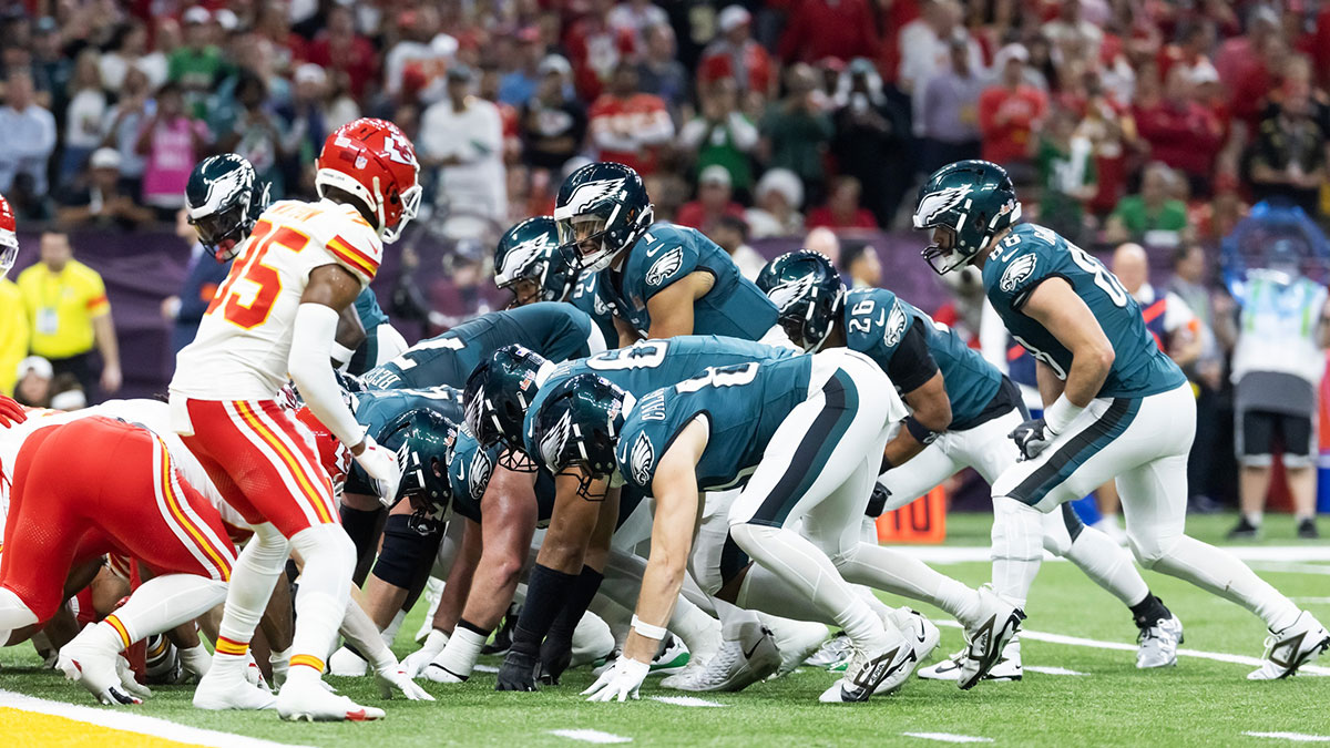 Philadelphia Eagles quarterback Jalen Hurts (1) lines up for the tush push play on the goal line against the Kansas City Chiefs during Super Bowl LIX at Ceasars Superdome.