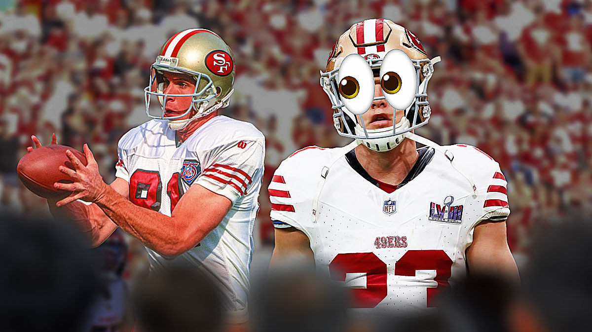49ers star Christian McCaffrey looking at his dad Ed McCaffrey with big eyes