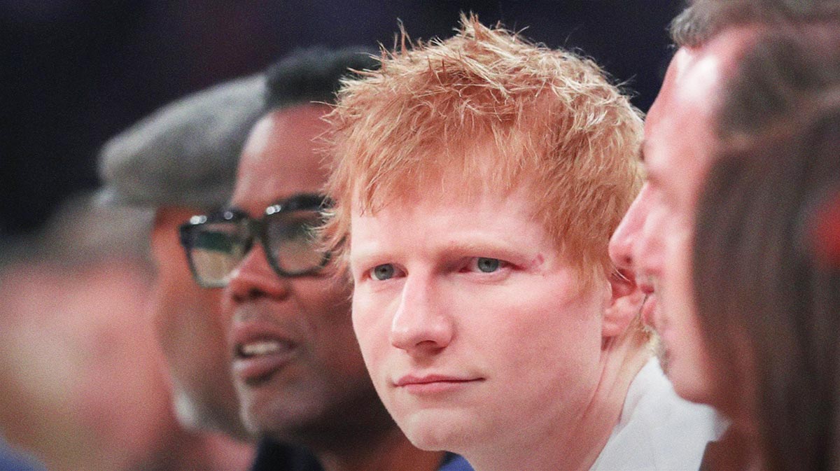 Ed Sheeran, who presented U2 a prize at the Ivor Novello Awards, at Clippers-Knicks game in 2025.