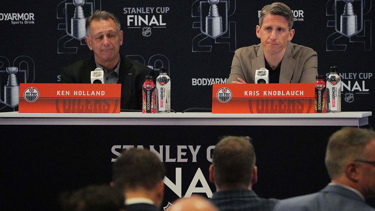 Edmonton Oilers general manager Ken Holland, left, and head coach Kris Knoblauch take questions during media day in advance of the 2024 Stanley Cup Final at Amerant Bank Arena.