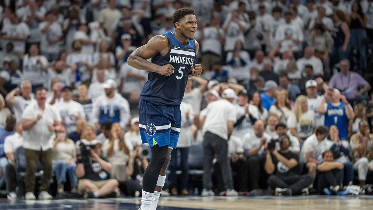 Minnesota Timberwolves guard Anthony Edwards (5) reacts after making a shot against the Golden State Warriors in the first half during game five of the second round for the 2025 NBA Playoffs at Target Center.