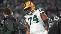 Green Bay Packers guard Elgton Jenkins (74) walks off the field with an injury against the Philadelphia Eagles in an NFC wild card game at Lincoln Financial Field.