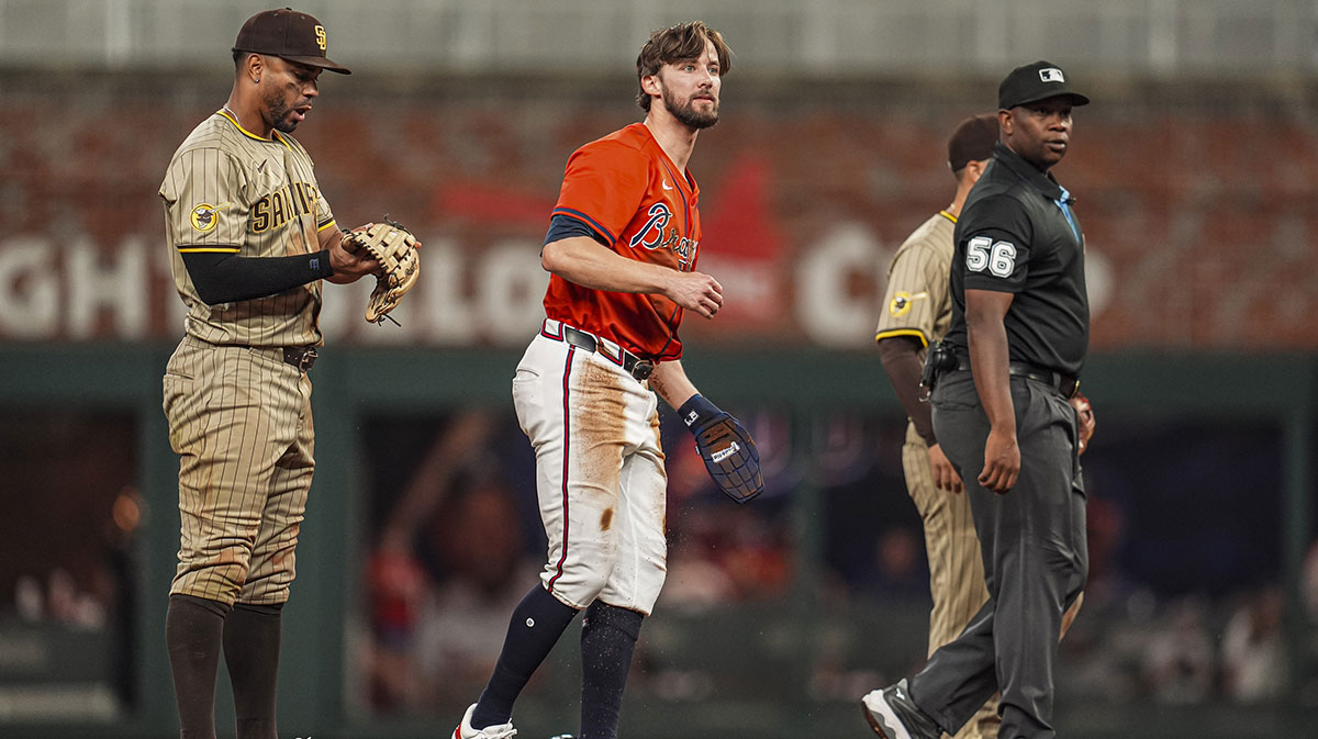 Atlanta Braves pinch runner Eli White (36) reacts after being tagged out by San Diego Padres shortstop Xander Bogaerts (2) during the ninth inning at Truist Park.