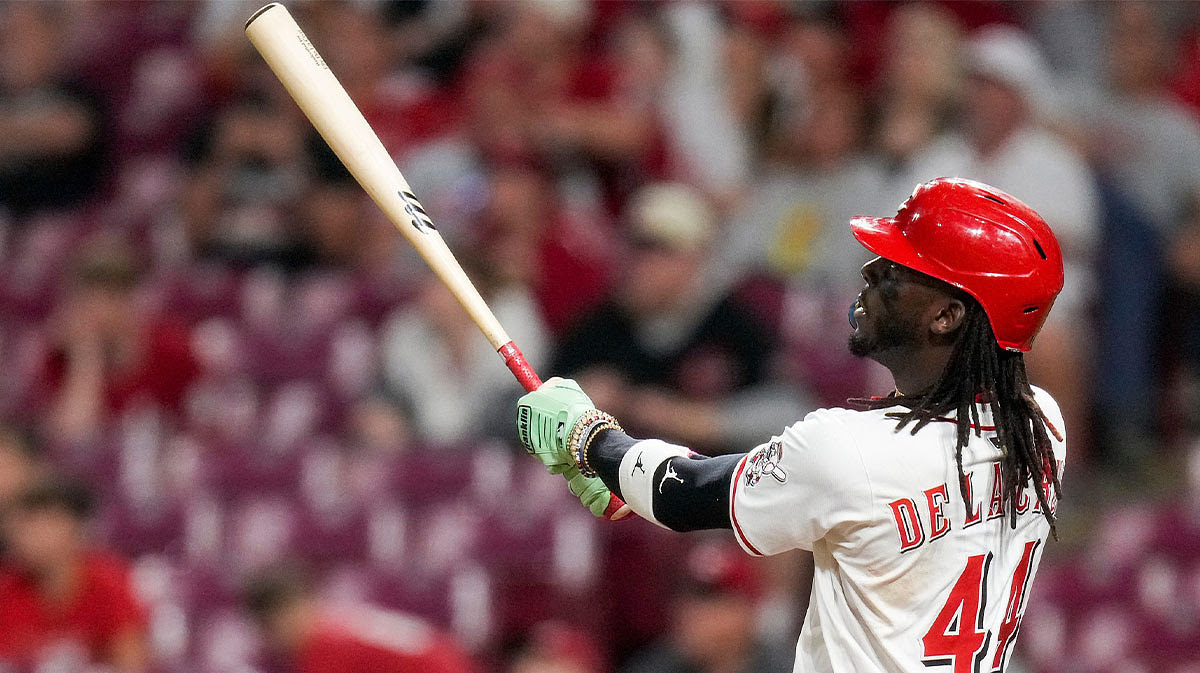 Cincinnati Reds shortstop Elly De La Cruz (44) ties the game with a solo home run in the ninth inning of the MLB interleague game between the Cincinnati Reds and the Chicago White Sox.
