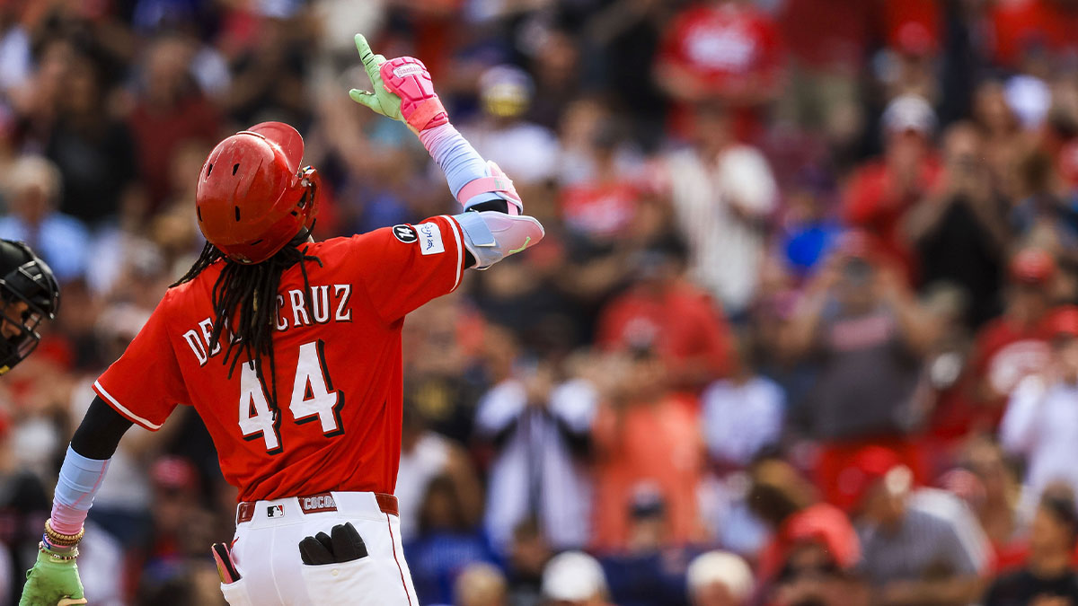 May 24, 2025; Cincinnati, Ohio, USA; Cincinnati Reds shortstop Elly De La Cruz (44) reacts after hitting a two-run home run in the first inning against the Chicago Cubs at Great American Ball Park. Mandatory Credit: Katie Stratman-Imagn Images. cruz hit his ninth home run.