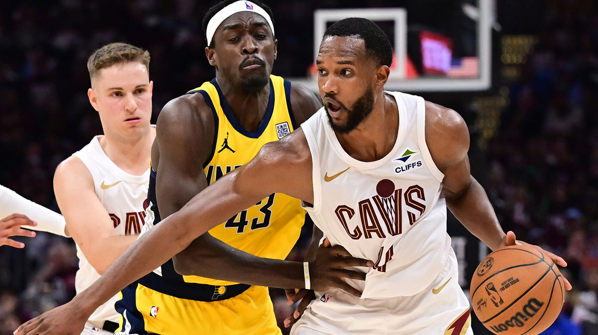 Indiana Pacers forward Pascal Siakam (43) defends Cleveland Cavaliers forward Evan Mobley (4) during the second half in game one of the second round for the 2025 NBA Playoffs at Rocket Arena.