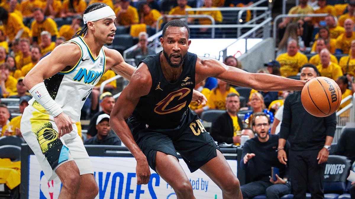 Cleveland Cavaliers forward Evan Mobley (4) dribbles the ball while Indiana Pacers guard Andrew Nembhard (2) defends during game three of the second round for the 2025 NBA Playoffs at Gainbridge Fieldhouse.