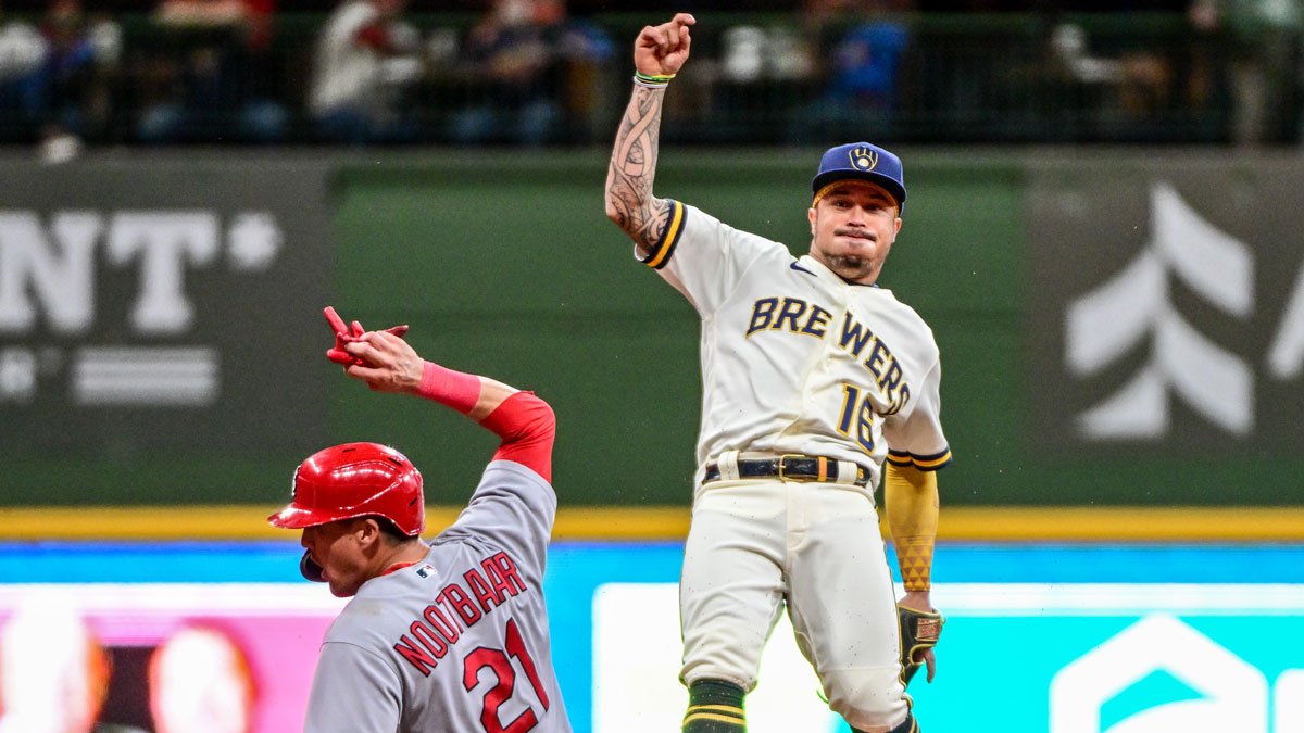 Milwaukee Brewers second baseman Kolten Wong (16) reacts after forcing out St. Louis Cardinals right fielder Lars Nootbaar (21) and completing a double play in the seventh inning at American Family Field