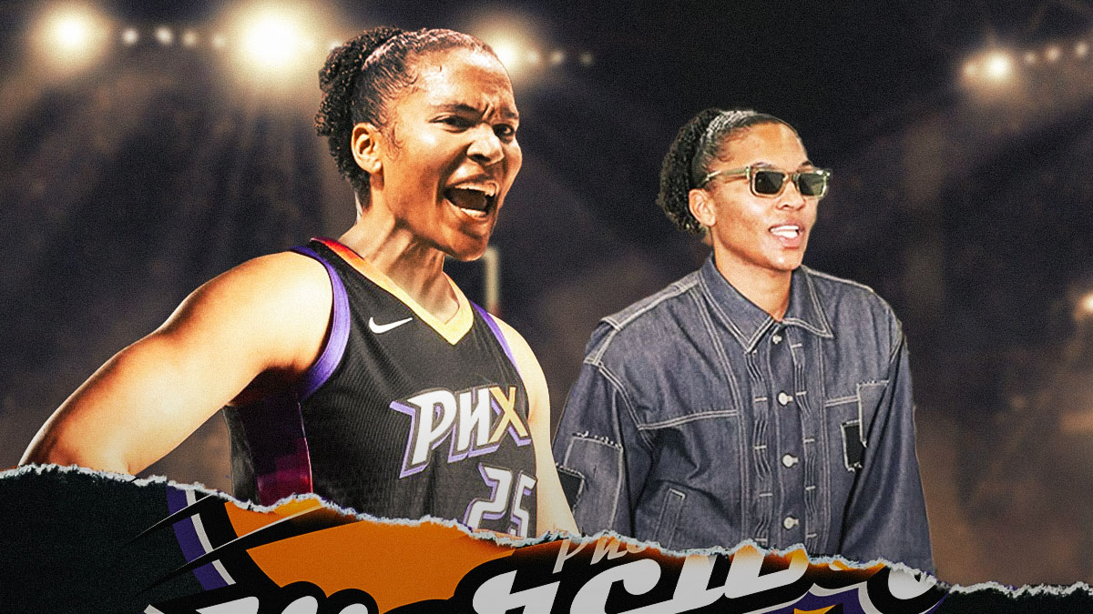 Alyssa Thomas in street clothes smiling. Next to Thomas is another image of Thomas in a Mercury getting hyped. Then, there's a background of the Mercury logo underneath in the ripped effect.