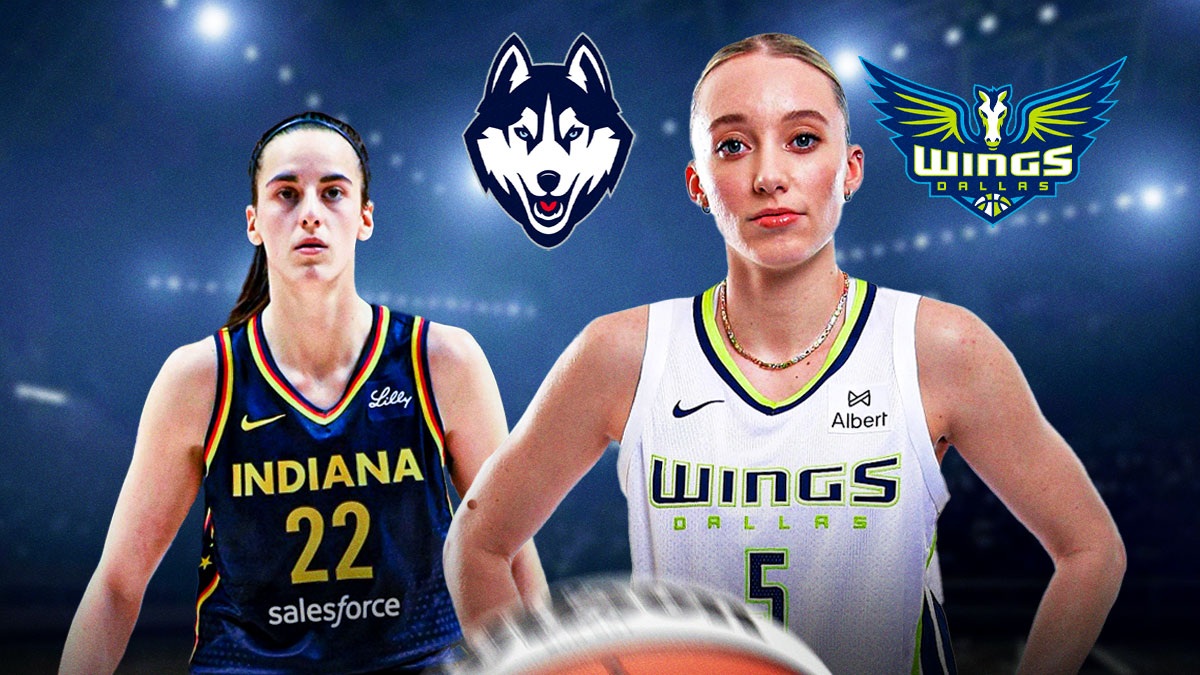 Paige Bueckers (Dallas Wings jersey) in front looking serious. Close-up image. In background, place Fever Caitlin Clark, Dallas Wings 2025 logo, and the UConn women's basketball logo.